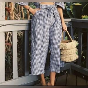Misa Los Angeles Small Gingham Tie Waist Crop Wide Leg Culottes Pants Preppy